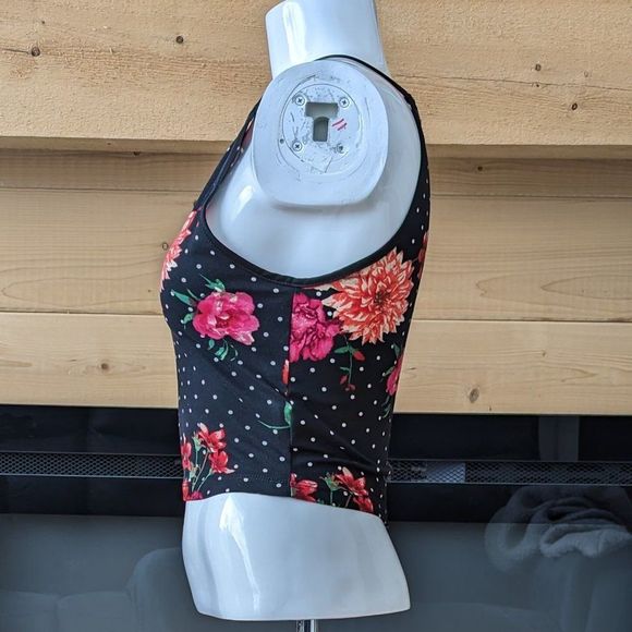 Floral Tank Top with polka dots Black and Pink spaghetti strap Crop Size Medium - Picture 2 of 10